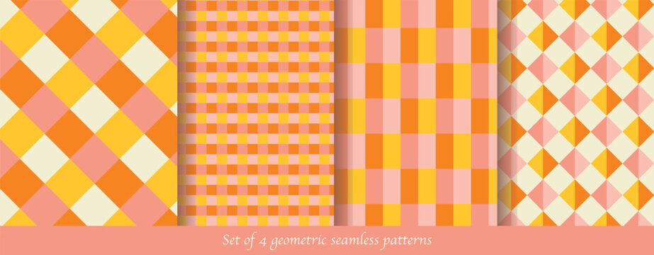 Set of 4 retro geometric seamless patterns in warm 70s color palette. Mid-century modern vector pattern collection with checkers, diamonds and grid backgrounds. Vintage 1970s checkered and harlequin s