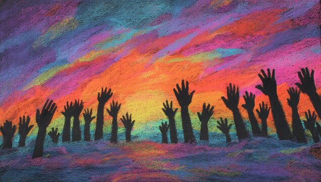 Silhouettes of Raised Hands Emerging from Water Against a Vibrant Sunset Sky.