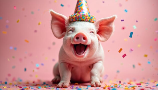 Happy piglet wears party hat surrounded by confetti. Small animal celebrates event with joy. Pink background adds festive mood. Fun, cheerful scene.