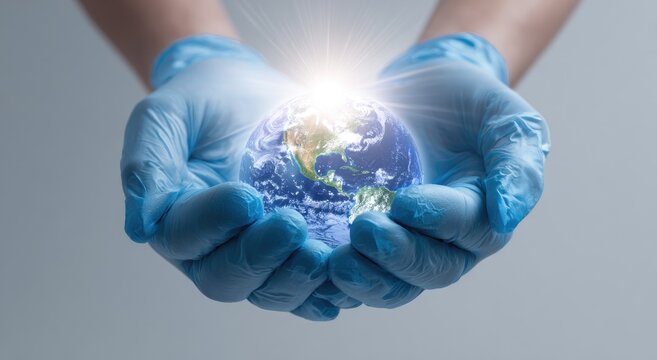 Hands in Blue Gloves Holding a Glowing Earth Globe.