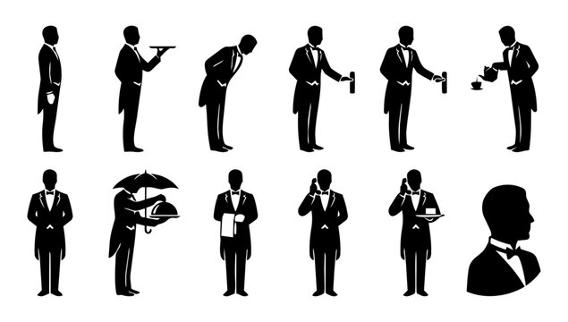 Butler Icons Set &ndash; Waiter Service, Hospitality and Luxury Service Silhouettes