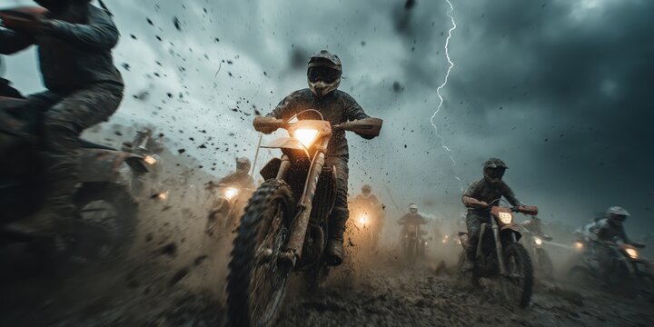 Intense motocross riders racing through storm with mud splash and lightning, perfect for extreme sports advertising and action campaigns