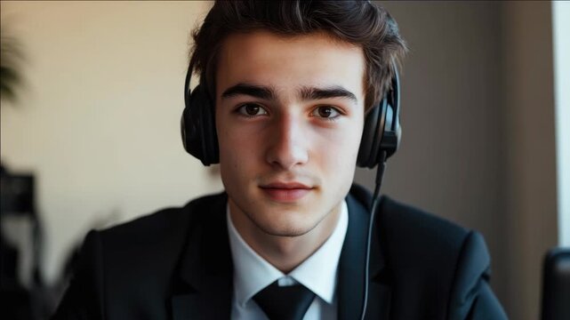 The video features a young man in business attire wearing a headset, which suggests he is involved in professional communication or possibly teleconferencing.