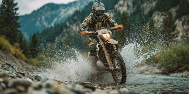 Motocross biker racing in rainy forest trail, wet mud spray, cinematic atmosphere, outdoor adventure and endurance concept