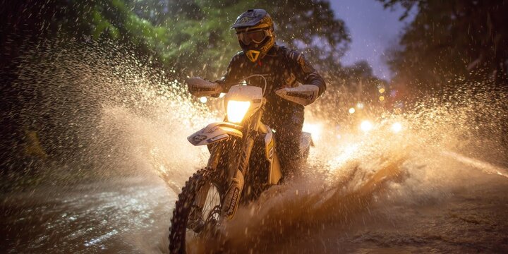 Enduro motorcycle racing through muddy track in lush woodland, illustrating adrenaline, exploration and powerful off-road performance.
