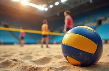 Volleyball rests on sandy court, athletes practice in distance. Net divides arena, stadium seats visible. Indoor game, team training, sporty lifestyle focus.