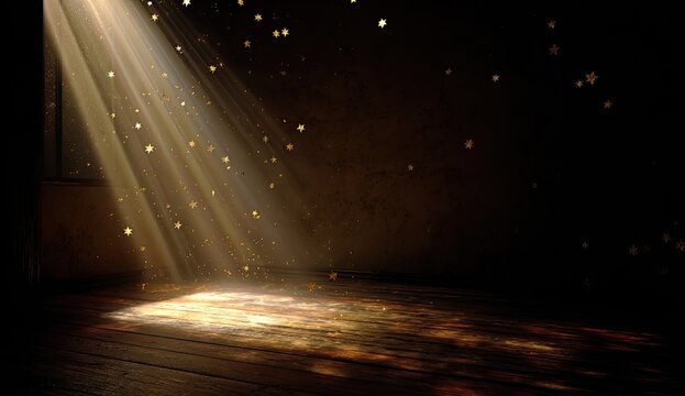 Golden Spotlight Illuminating Dust Particles on Stage Floor.