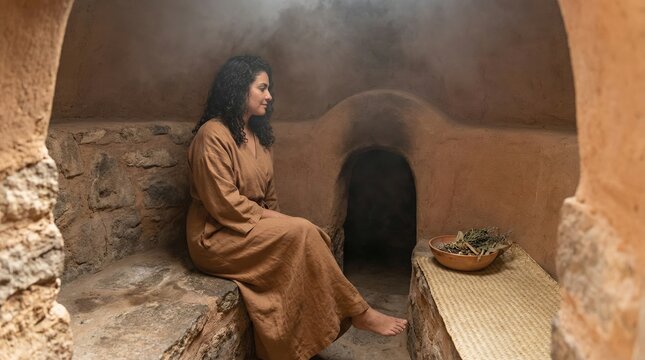 Woman resting inside a clay temazcal steam lodge at a wellness retreat