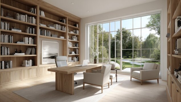 Elegant Home Office with Floor-to-Ceiling Bookshelves and Garden View.
