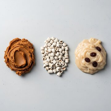 Minimalist top down view of smooth peanut butter, small arraw millet balls, and creamy ngalakh sauce with raisins on grey.