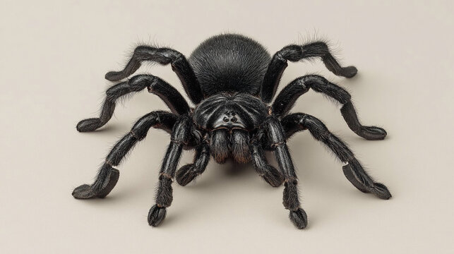 Close-up of a black spider with long black legs on a beige background
