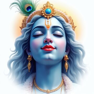 Blue faced deity with crown and peacock feather. Eyes closed in meditation, serene expression, golden jewelry. Represents peace, spirituality, Indian culture.