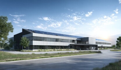 Obraz premium Modern Corporate Office Building with Solar Panels on Roof.