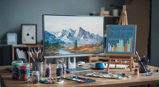 Artists Workspace with Digital Art and Mountain Landscape Display.