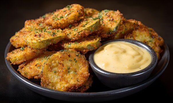 Crispy fried pickles smothered homemade aioli clean professional stock photo sharp macro photography style cinematic realism ultra photorealistic no text no watermark