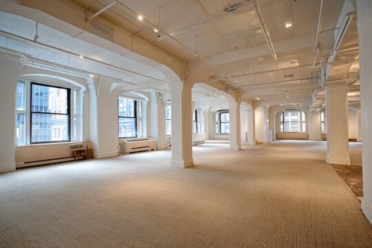 Spacious Loft Office Space with Large Windows and White Columns.