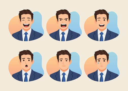 Flat business man avatar set with different facial expressions for UI and apps.