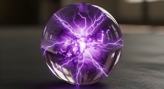 Purple lightning power trapped inside a transparent glass ball creates a very strong visual effect.