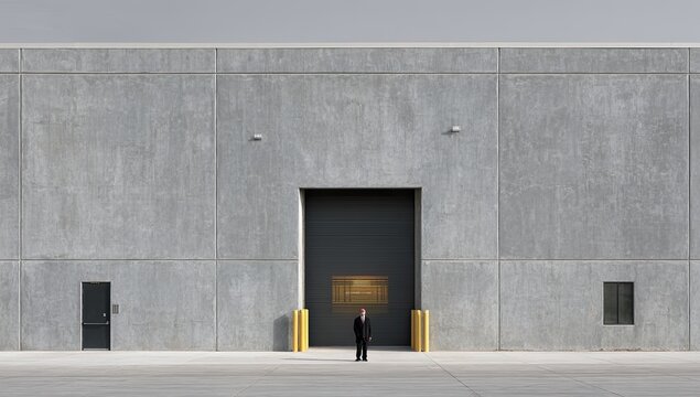 Minimalist Industrial Warehouse Entrance with Solitary Figure.