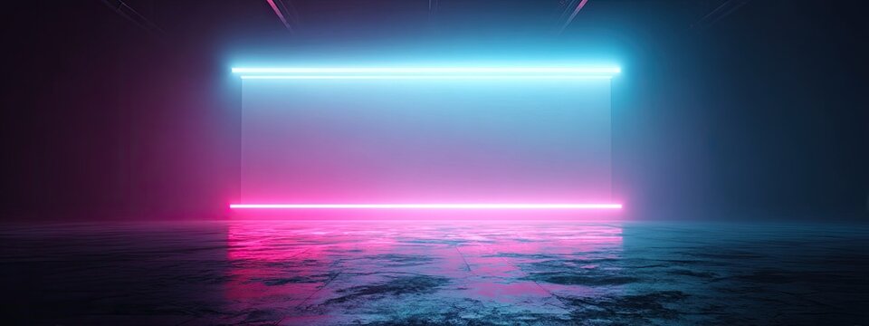 Futuristic Neon Rectangular Portal Glowing with Pink and Blue Light Over Reflective Surface.