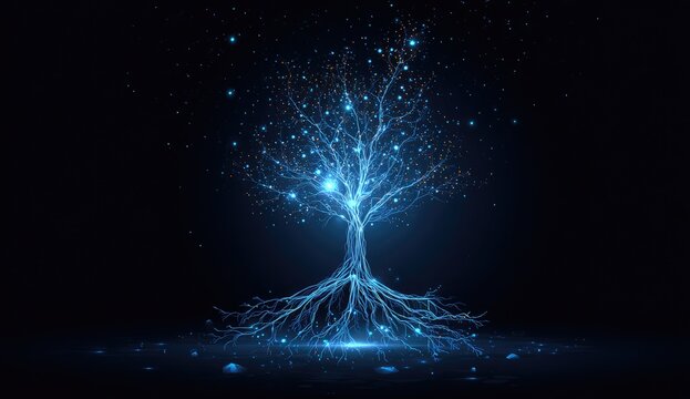 Abstract Glowing Blue Tree of Life with Neural Network Roots.