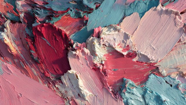 Close-up Macro View of Thick Oil Paint Strokes in Pink and Teal.