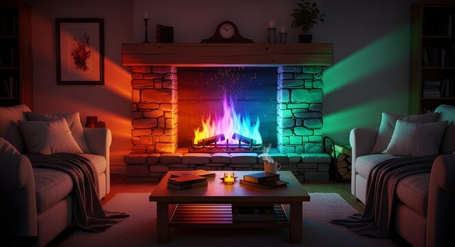 A sophisticated modern living room featuring a stone fireplace with a unique spectrum of rainbow-colored flames.