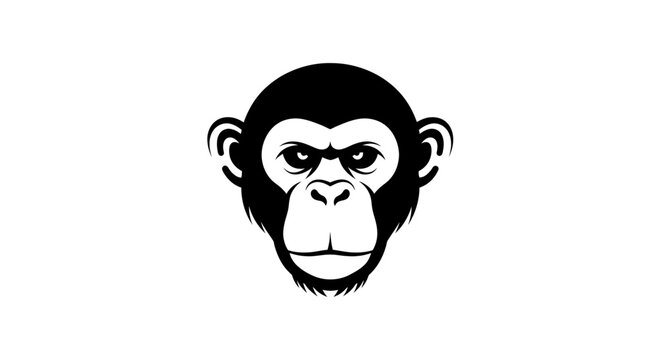 Stylized Monkey Face Icon, Black and White, Minimalist Design