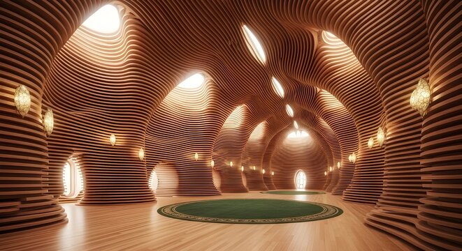 Spacious interior room with artistic curved wooden ceilings provides futuristic yet natural and organic impression