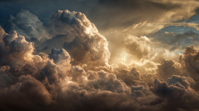 A radiant glowing cross emerging from golden sunlight breaking through dramatic and dense storm clouds creating a spiritual and uplifting atmosphere in the sky