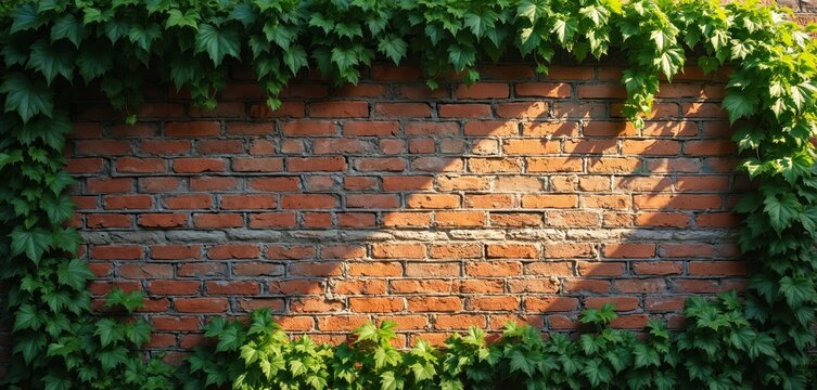 Old brick wall surface covered by green ivy leaves. Sunlight casts shadows on the rustic textured background. Nature entwines with urban construction for a natural feel.