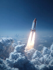 Fototapeta premium Space shuttle lifting off powerfully through dense, billowing clouds into a clear blue sky, igniting bright rocket flames and leaving a trail of smoke behind