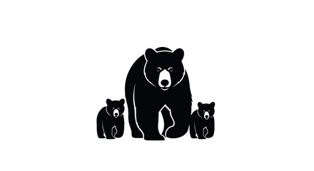Black silhouette of a mother bear with two cubs walking on a white background © Salak
