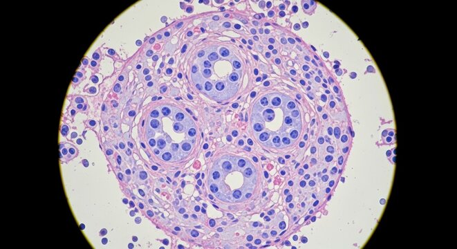 Microscopic view of testicular tissue showing seminiferous tubules with spermatogenesis and interstitial cells