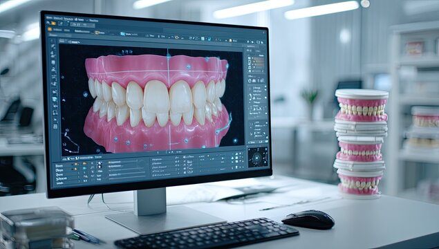 Computer screen displaying 3D dental prosthesis design with stacked dentures in background.
