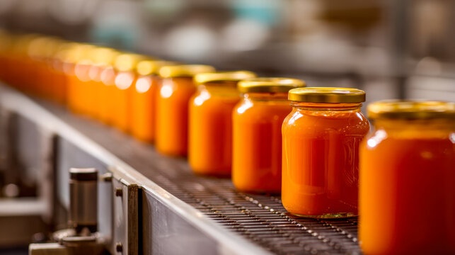 Line of neatly sealed glass jars filled with orange sauce moving along a factory conveyor belt during the packaging process in a food production plant