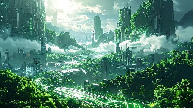 Futuristic eco-friendly city integrated with lush green nature and technology