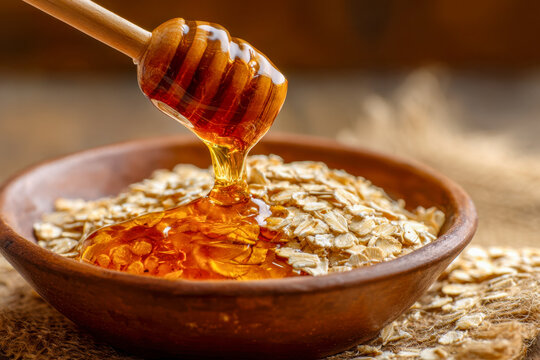 Natural golden honey flowing from wooden dipper onto a bowl of raw rolled oats on rustic fabric background for healthy breakfast inspiration
