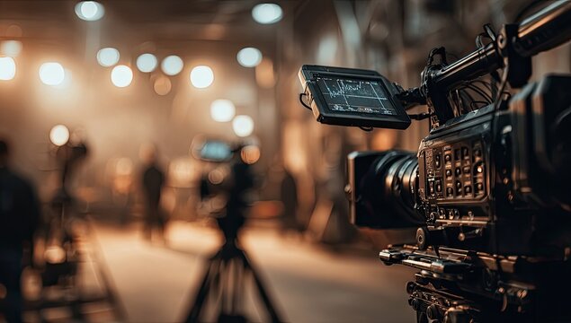 Professional Film Camera Setup on a Busy Movie Set.