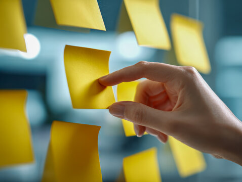 Person organizing and placing yellow sticky notes on a glass wall in a modern office environment with focused lighting for brainstorming and planning sessions