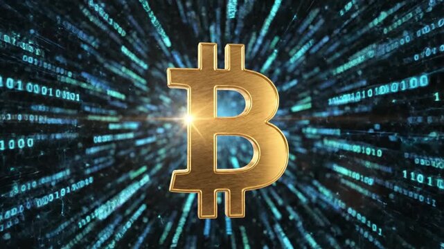 Golden bitcoin symbol with binary code on blue background