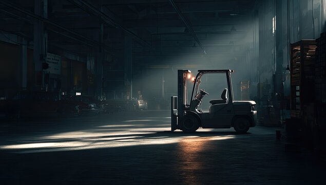 Forklift illuminated by dramatic light beams in a dark warehouse.