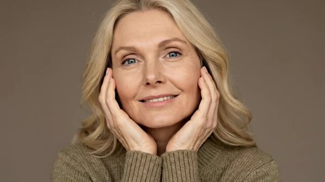Serene Mature Woman with Radiant Skin and Gentle Smile, Hands on Cheeks