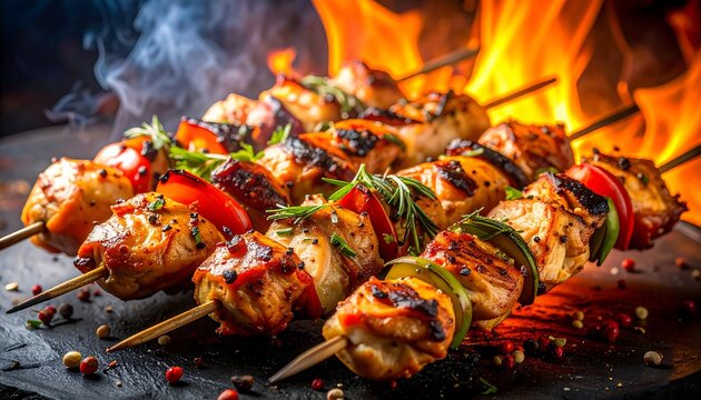 Grilled Indian chicken skewers on fire with spices