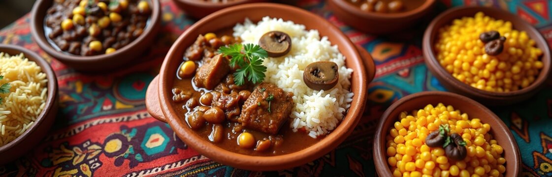 South African Xhosa food served in clay bowls with rice and legumes. Savory meat stew with chickpeas and corn. Traditional ethnic meal, cultural cuisine presentation.