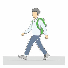Obraz premium Young boy with backpack walking happily on a sidewalk with he is dressed