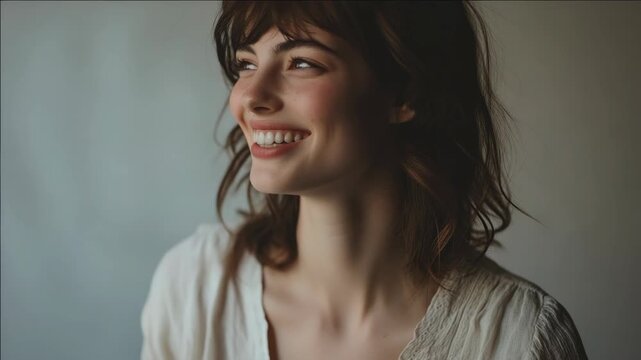 The video portrays a young woman with a radiant smile, exuding a sense of happiness and style. Her casual attire and laid-back pose suggest a relaxed and friendly atmosphere.