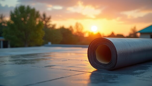 Rolls of black roofing membrane lie on flat rooftop at golden sunset. Waterproofing material ready for building construction, home renovation projects, and roof repair.