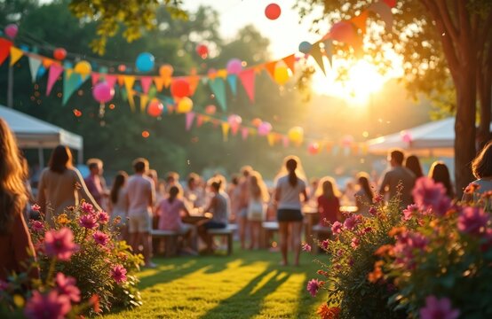 People enjoy outdoor summer party with colorful flags balloons. Friends family gather in sunny garden. Festive celebration with food music and laughter.