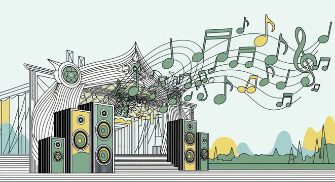 Sound speakers with music notes flying.